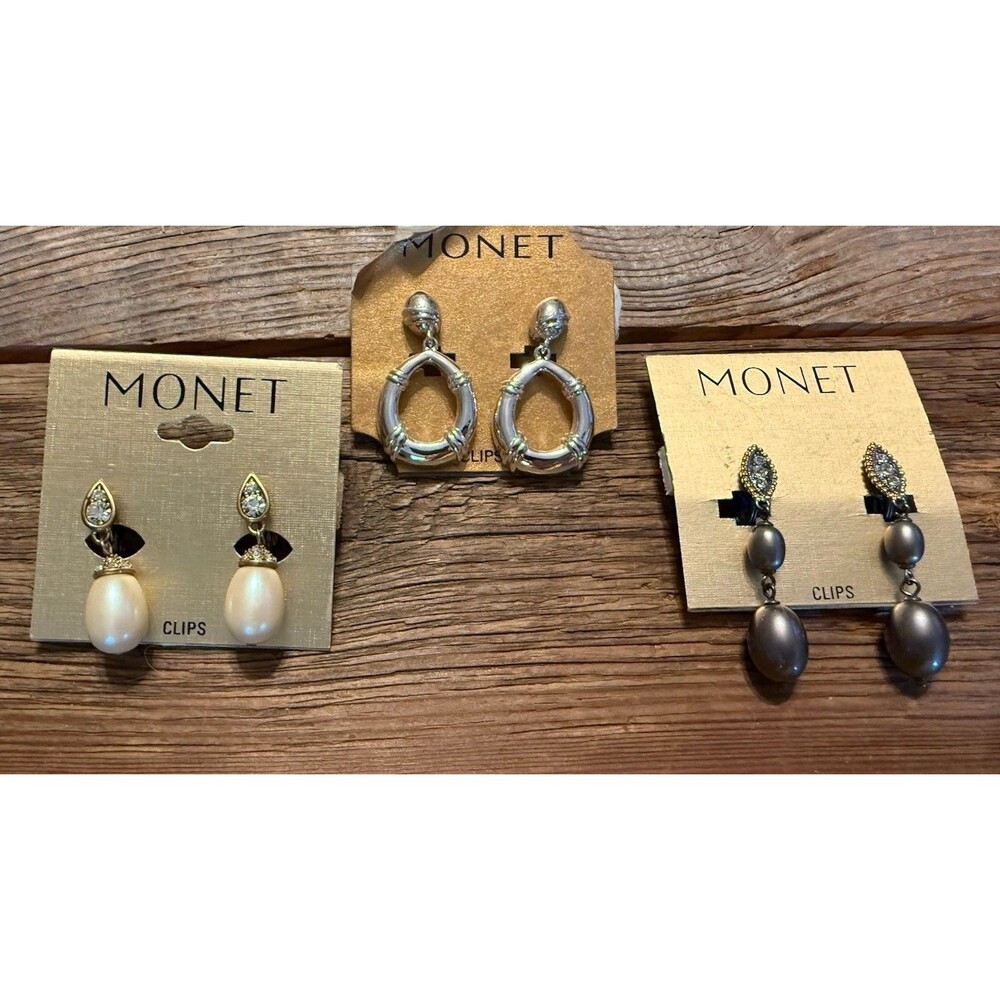 Vintage 1980s Monet Drop Earrings Pearl Silver Clip Ons New 3 Pair